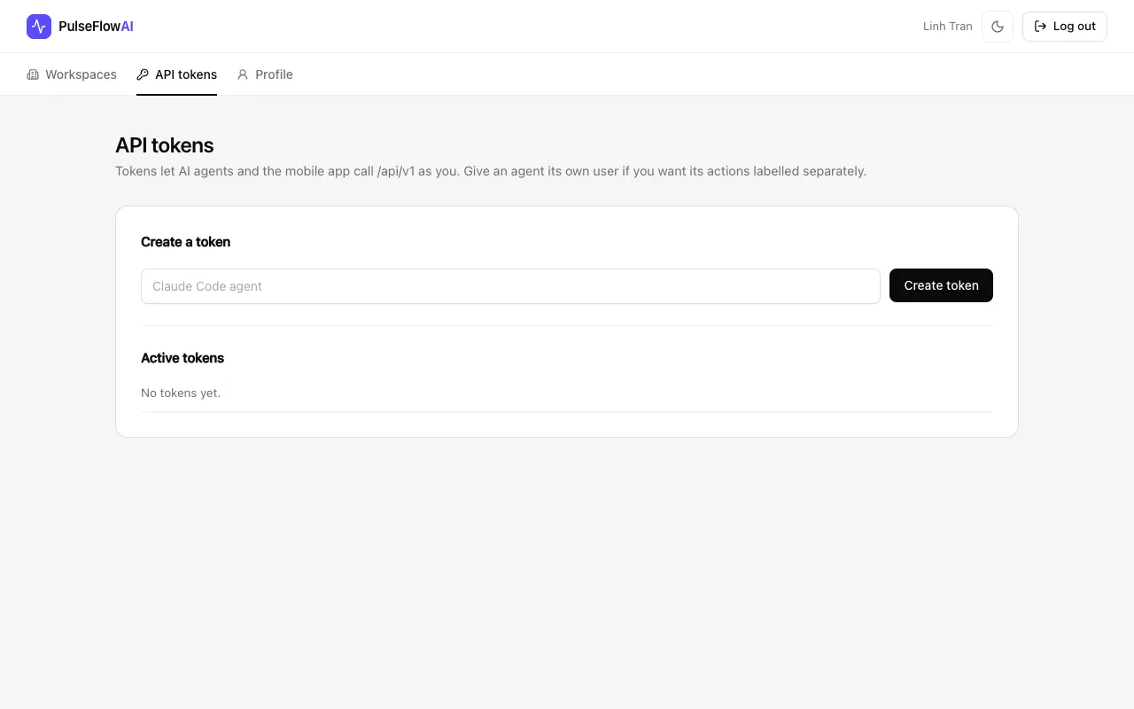 The API tokens page with a name field and the list of active tokens