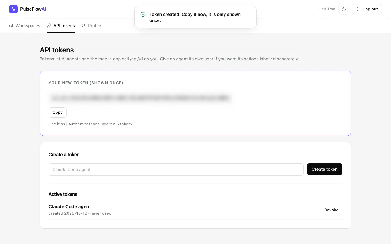 The new token panel with the token blurred and a Copy button