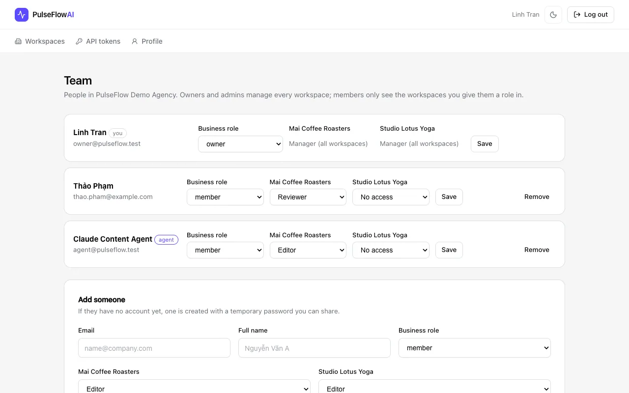 The Team page with a user labelled agent and the Editor role in one workspace