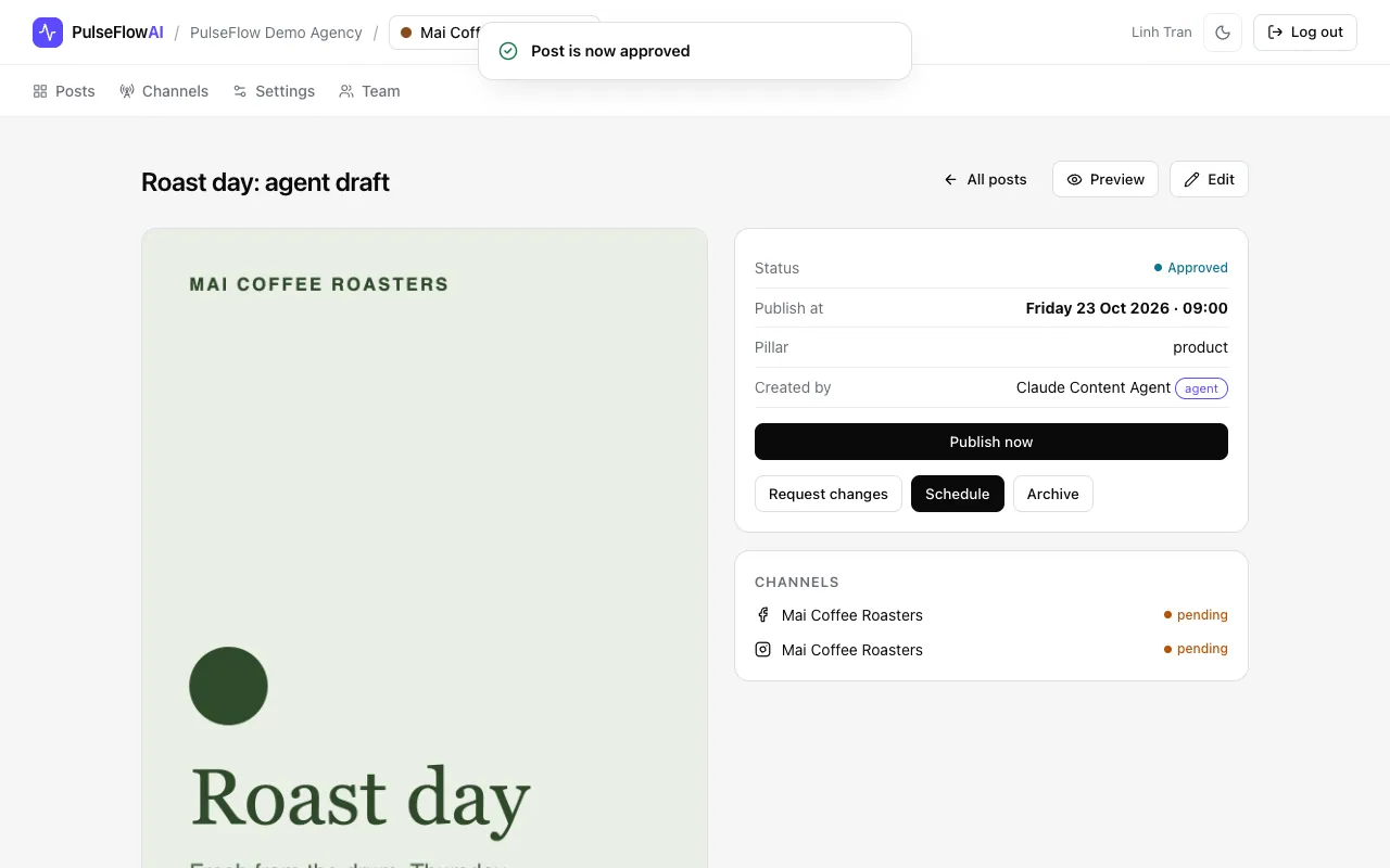 The agent post after approval, status Approved