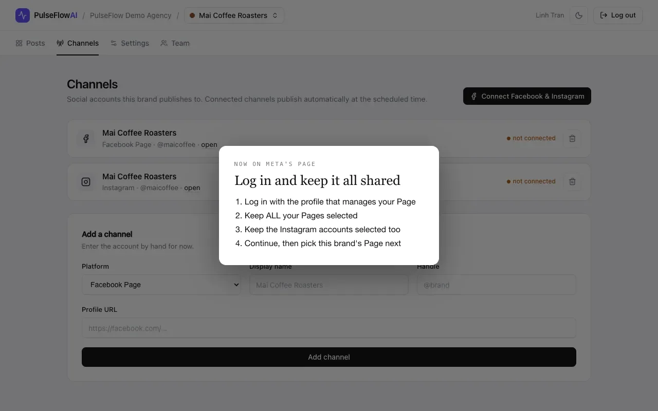 An illustration listing the four things to do on the Meta page: log in, keep all Pages selected, keep Instagram selected, continue