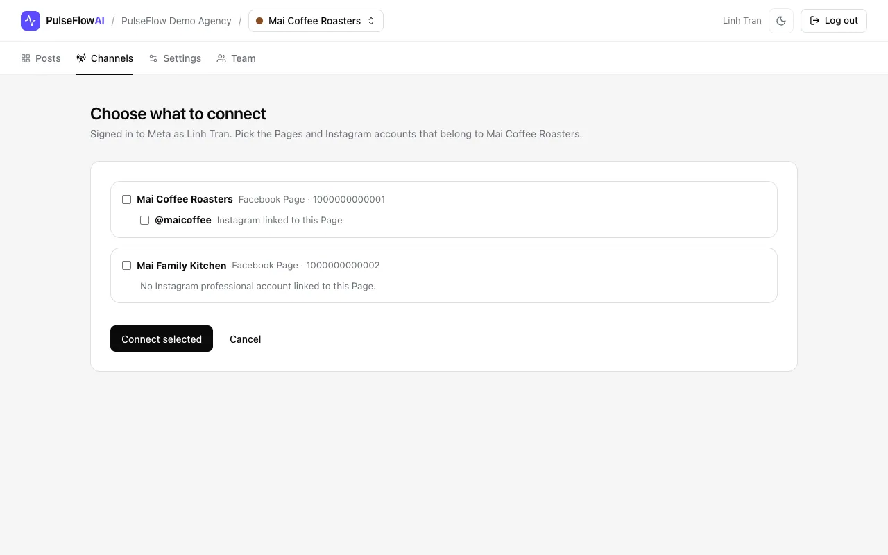 The Choose what to connect page with two Pages and one linked Instagram account