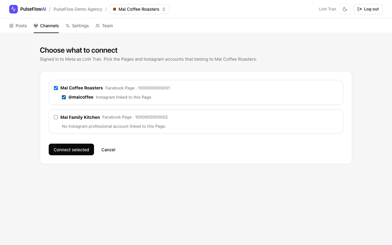 The Page and its Instagram account ticked, with the Connect selected button