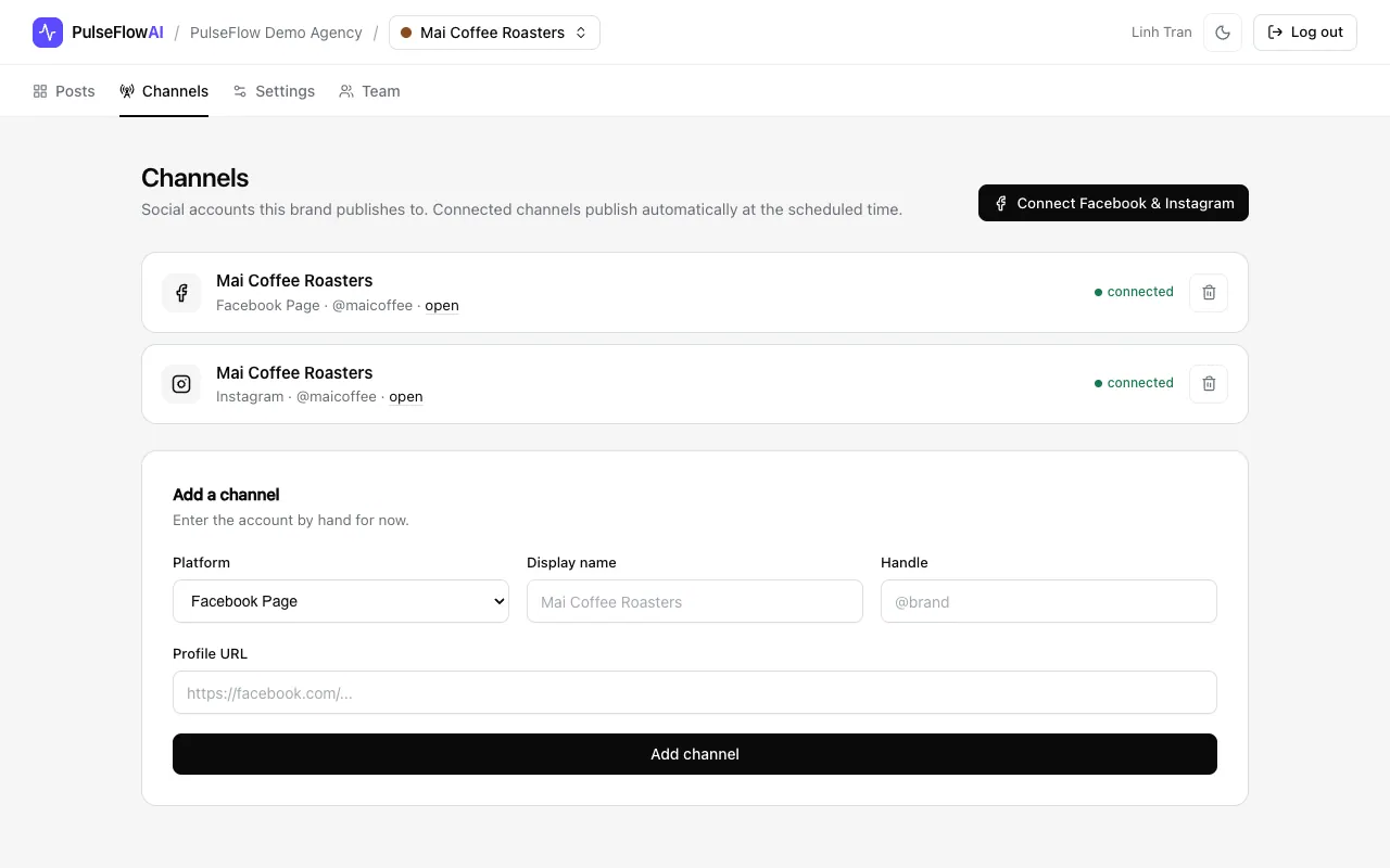 The Channels page with the Facebook Page and Instagram account marked connected