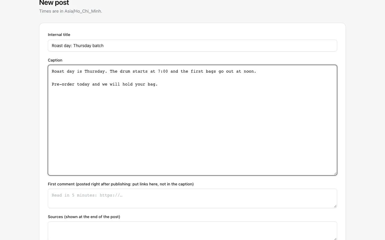 The New post form with a title and a caption typed in