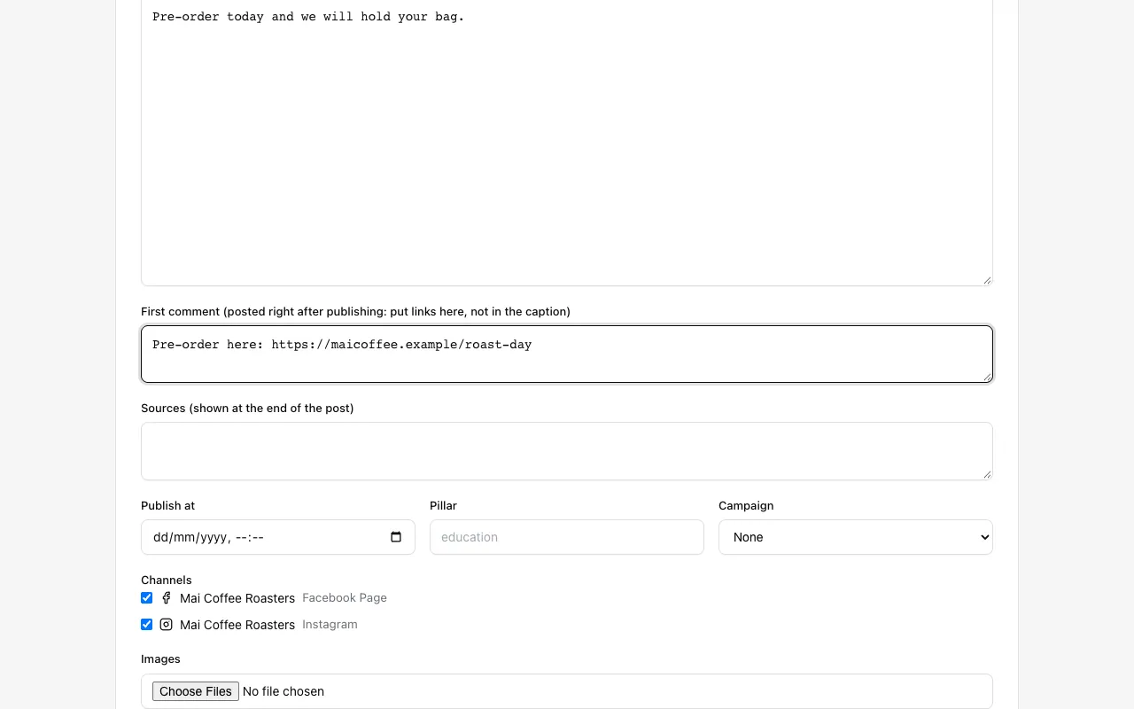 The first comment field filled in with a link