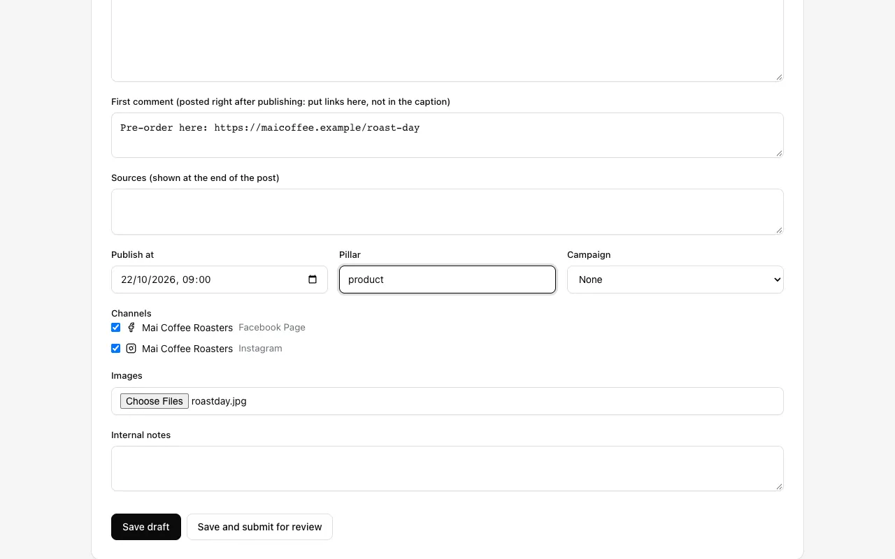 The Images field with one file chosen and the Save draft button below