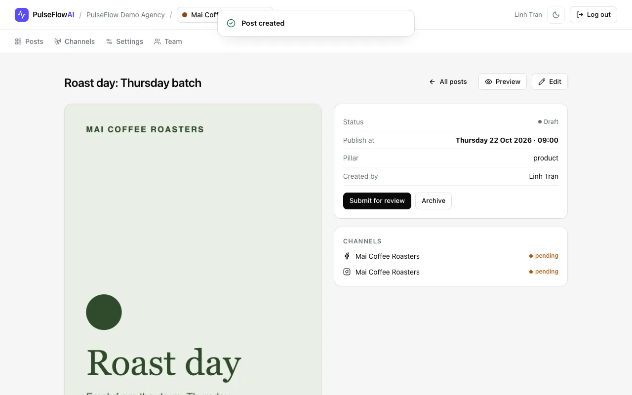 The saved post page with status Draft, publish time and channels