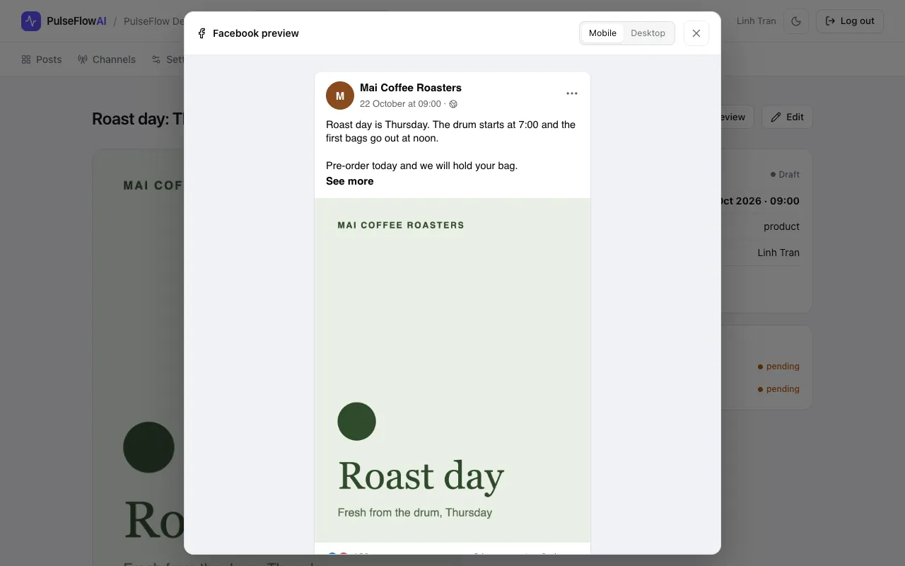 The Facebook preview window showing the post as it will appear on a phone