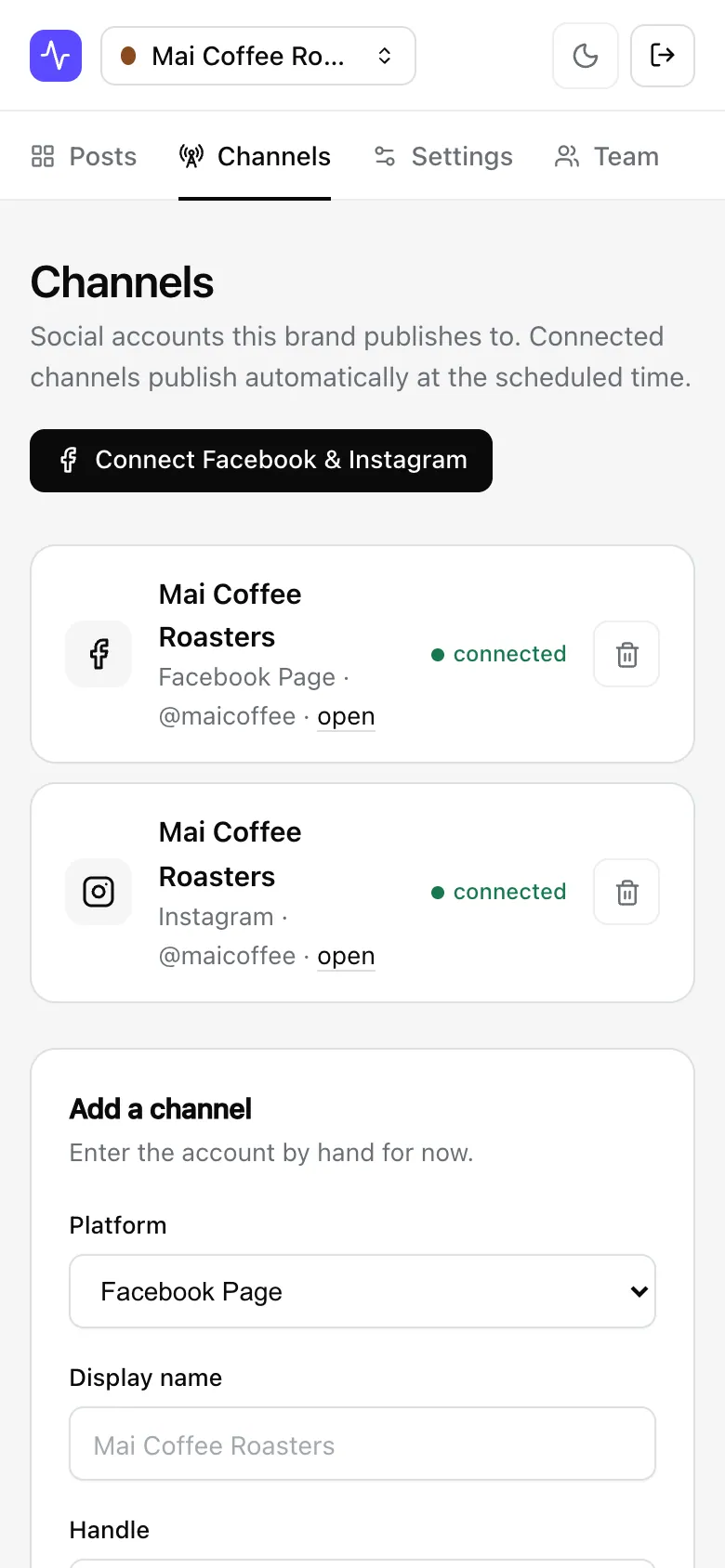 The Channels page on a phone with two connected channels