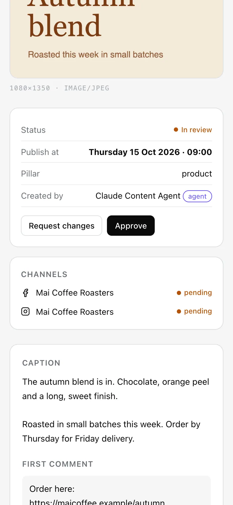 The review page on a phone with the status and the Request changes and Approve buttons