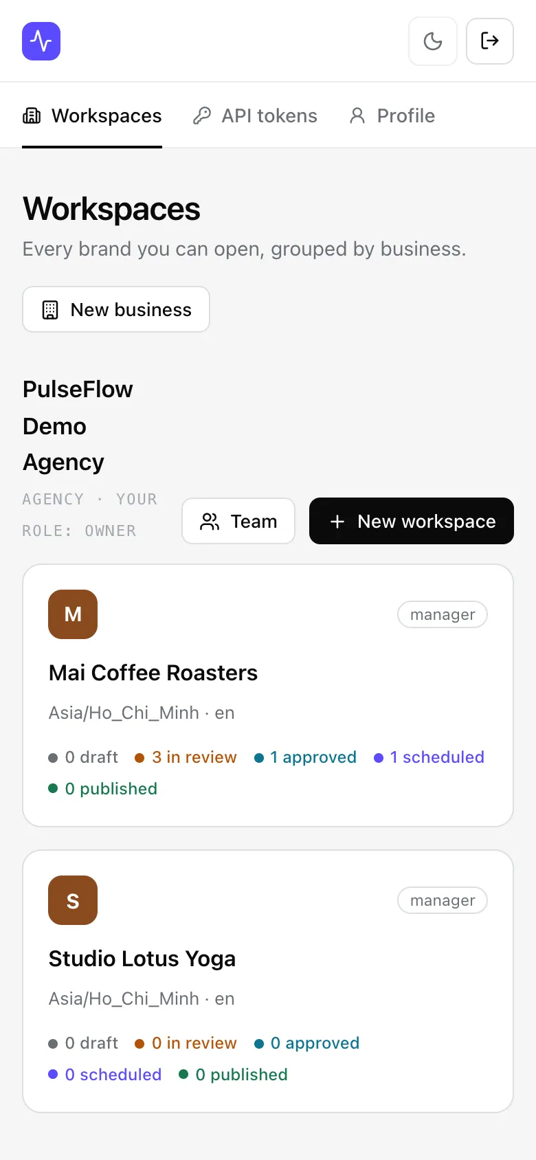 The Workspaces page on a phone