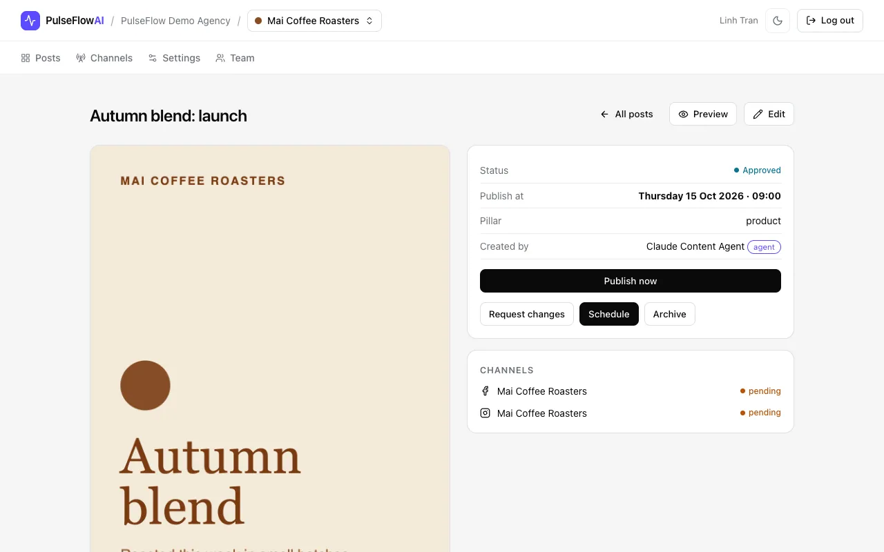 The approved post as a manager sees it, with Publish now, Schedule and Archive buttons