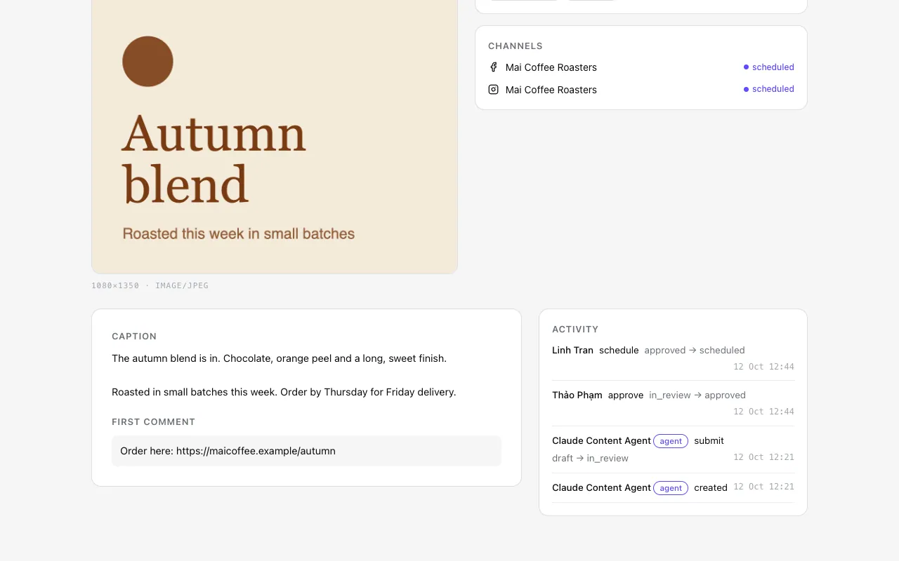 The activity log listing created, submit, approve and schedule actions with names and times