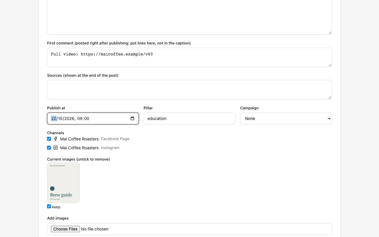 The edit form scrolled to the Publish at field