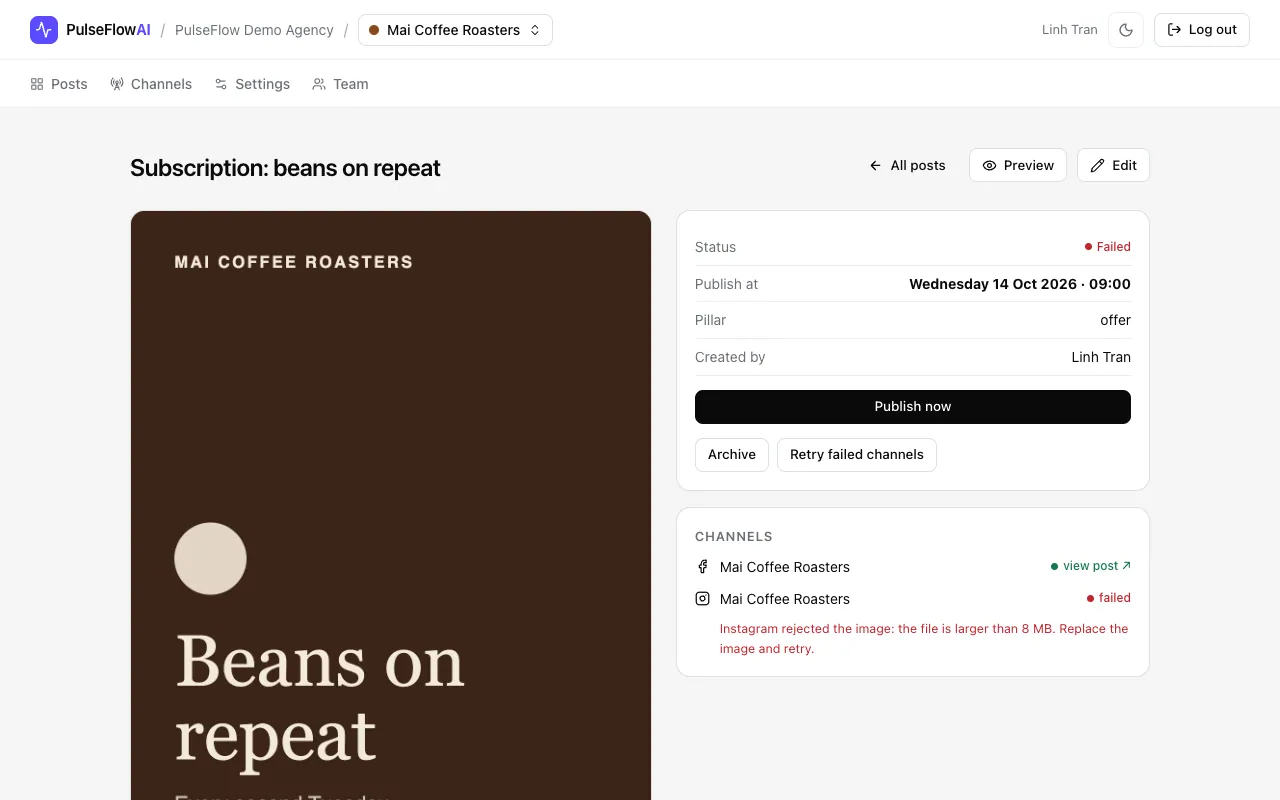 A failed post: Facebook shows view post, Instagram shows failed with an error message
