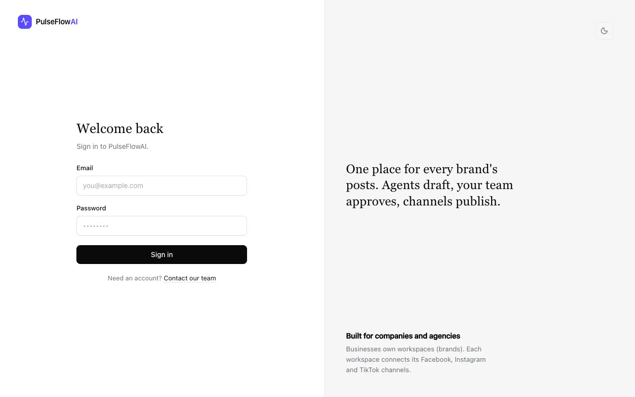 The PulseFlowAI sign-in page with email and password fields
