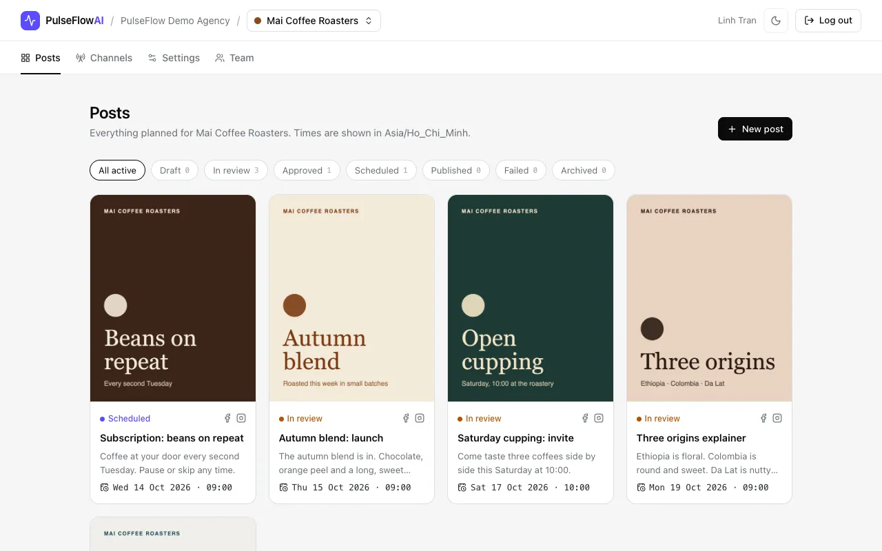 The posts feed of a workspace with status filters and post cards