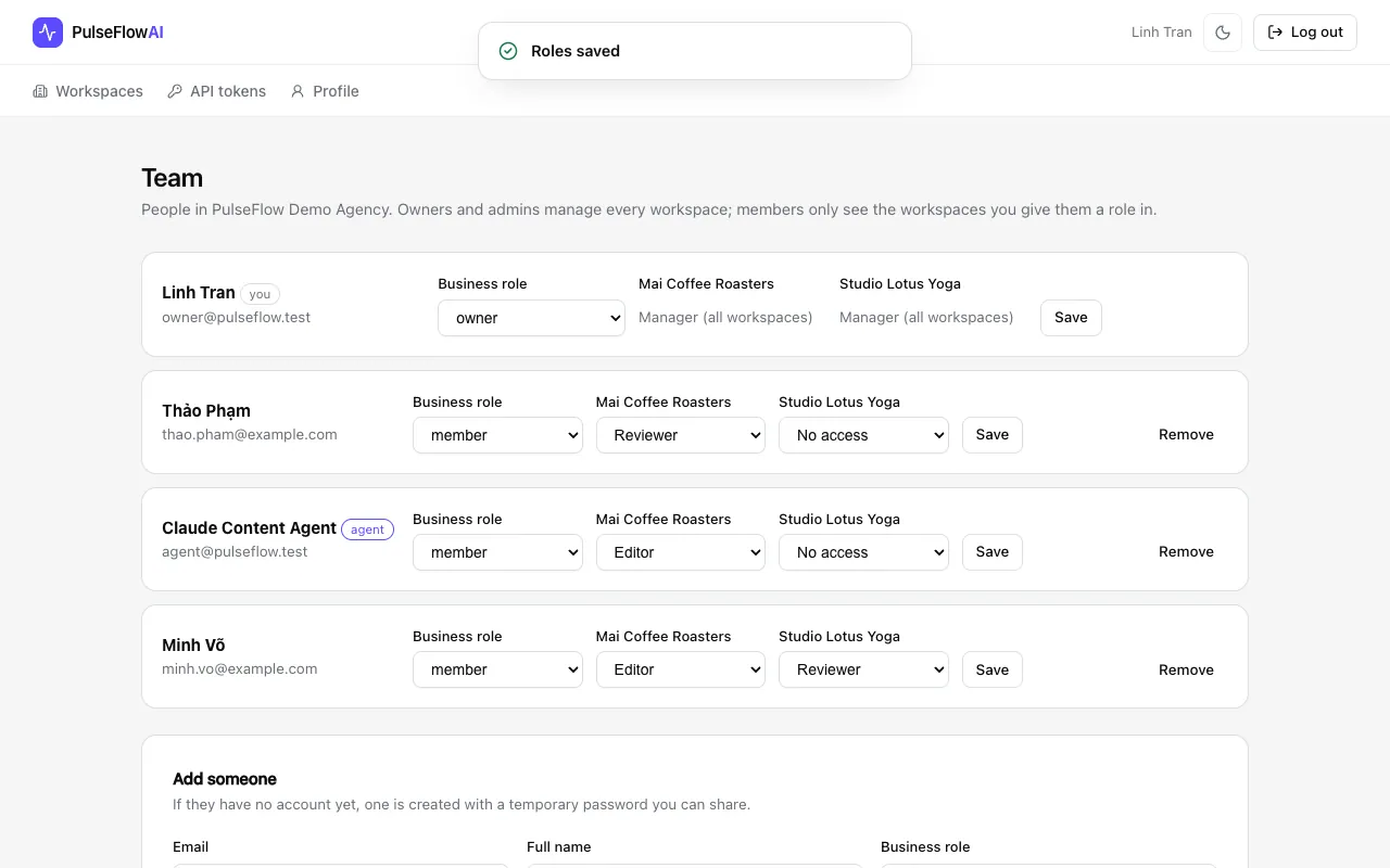 The Team page after saving a changed role, with a "Roles saved" message
