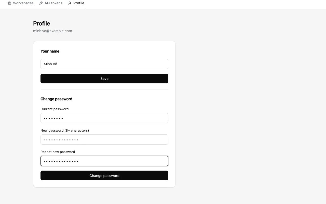 The Profile page with the change password form filled in