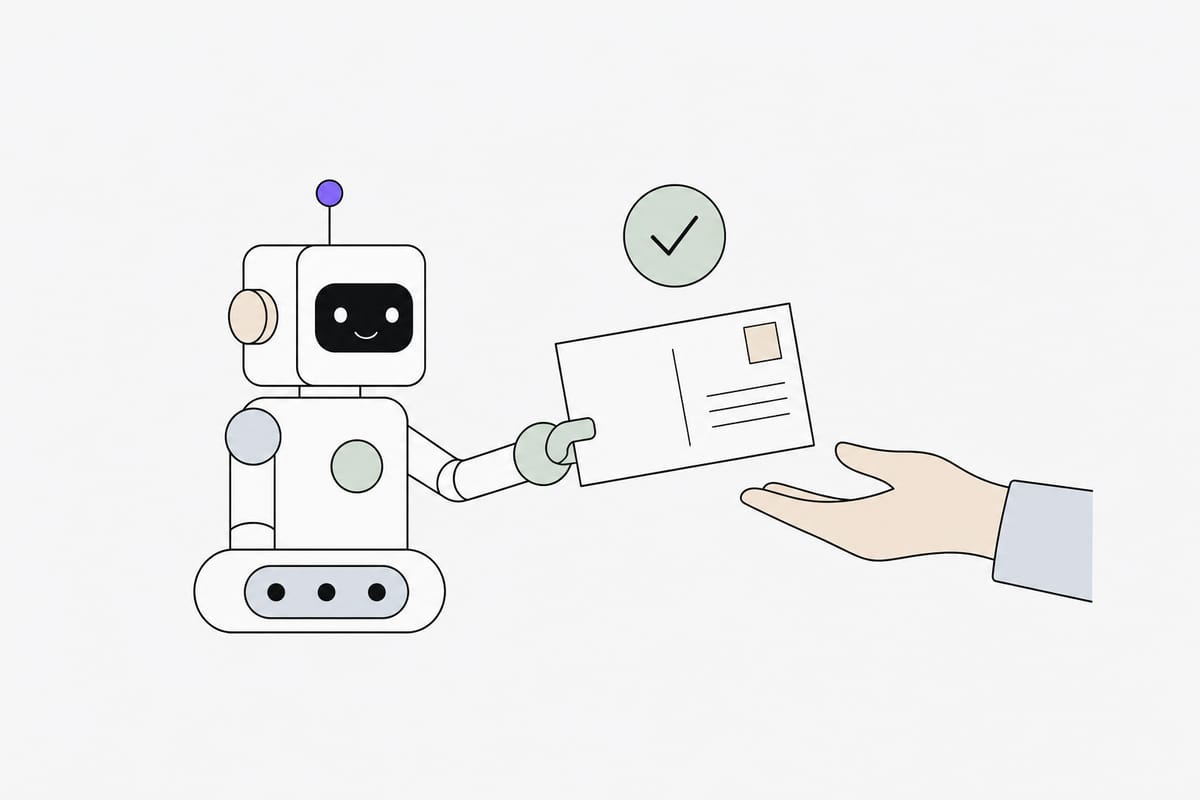 A small robot handing a post card to a human hand, with an approval check mark above